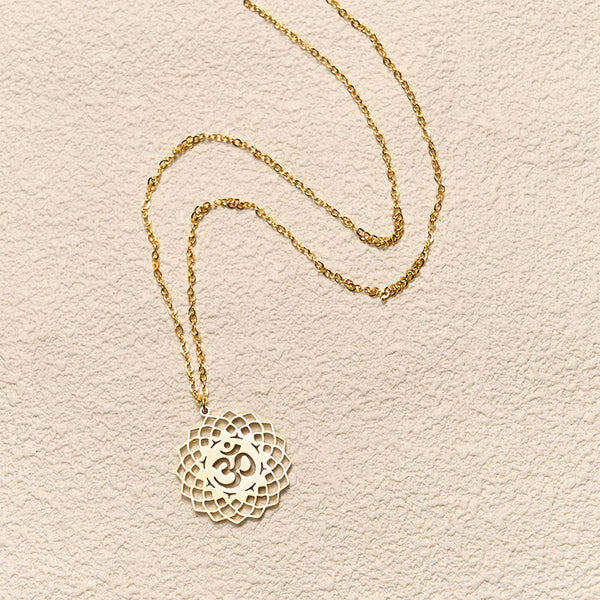 Gold lotus mandala pendant with Om symbol, delicate chain necklace