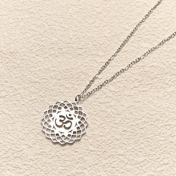 Silver Om lotus cutout necklace on cable chain, meditation jewelry