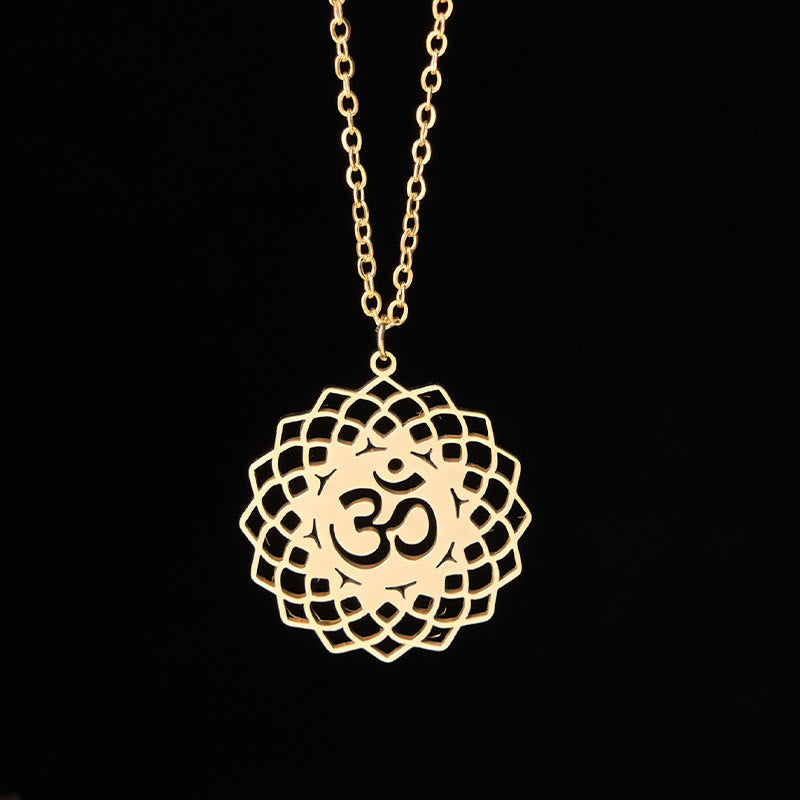Gold Om symbol lotus mandala necklace, openwork spiritual pendant