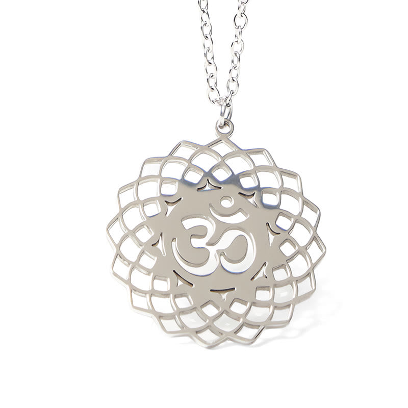 Silver Om necklace with lotus flower mandala, polished pendant