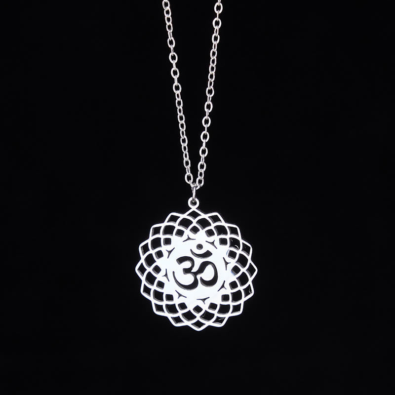 Silver Om lotus mandala necklace, openwork stainless steel pendant
