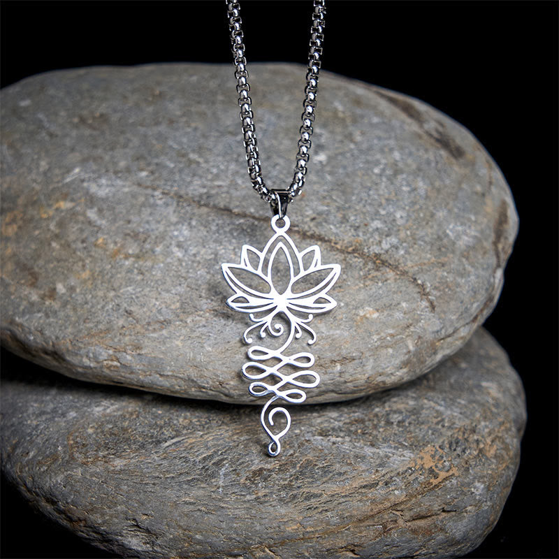 Lotus Vines Chakra Necklace – Silver lotus-unalome pendant draped on zen stones, chakra pendant