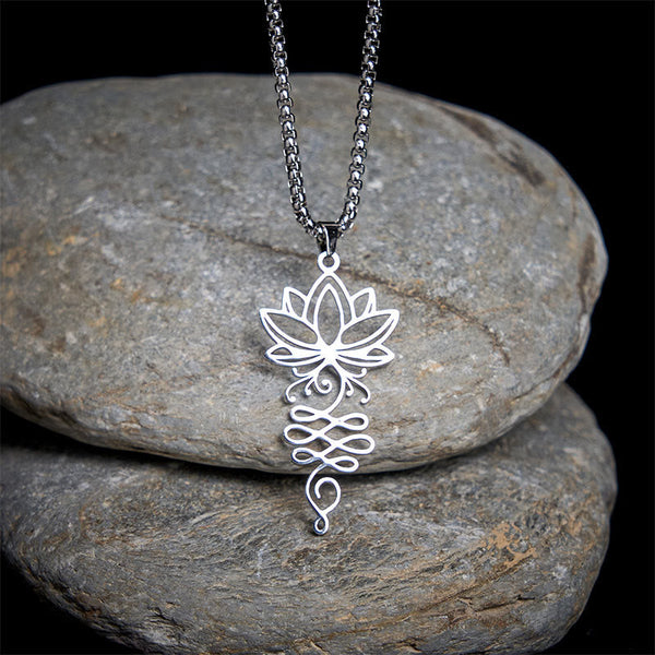 Lotus Vines Chakra Necklace – Silver lotus-unalome pendant draped on zen stones, chakra pendant
