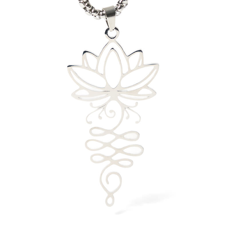 Lotus Vines Chakra Necklace – Silver lotus-unalome pendant on clean white background, enlightenment necklace