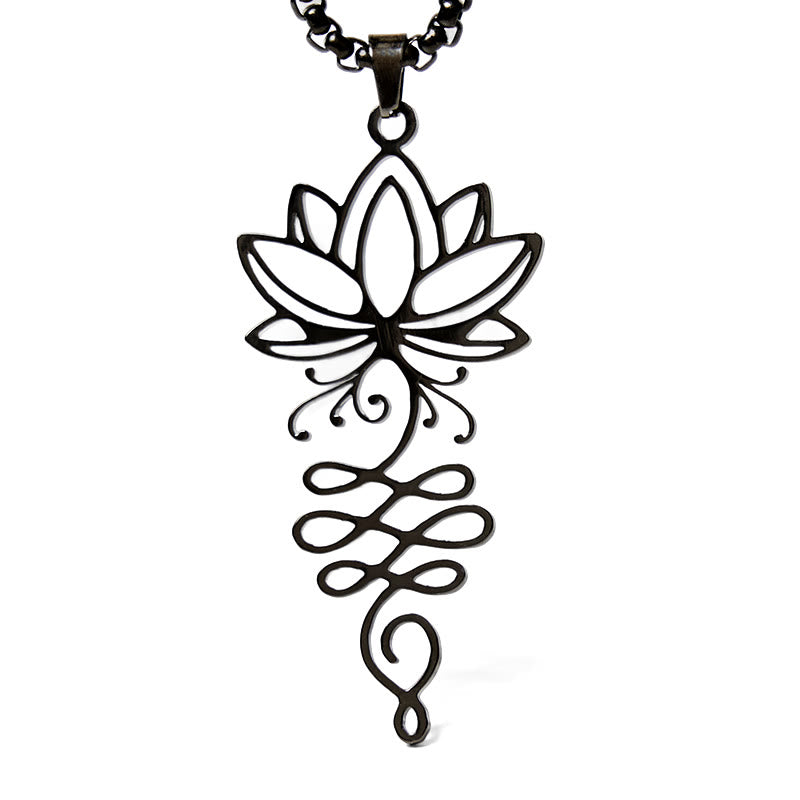 Lotus Vines Chakra Necklace – Black lotus vine pendant on white background, black chakra necklace