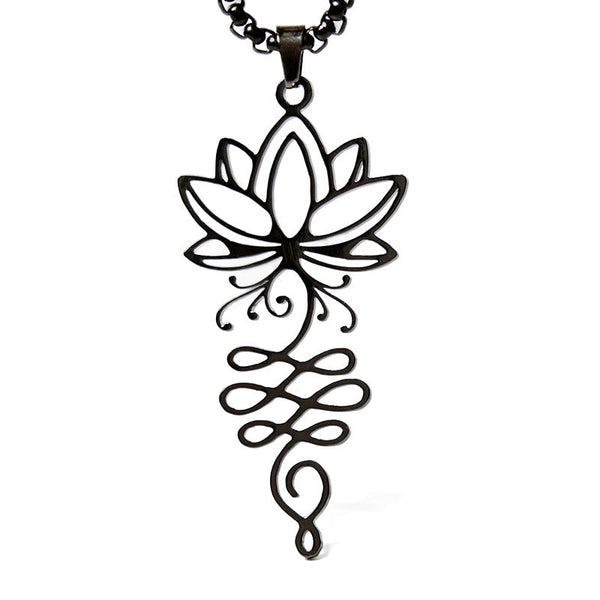 Lotus Vines Chakra Necklace – Black lotus vine pendant on white background, black chakra necklace
