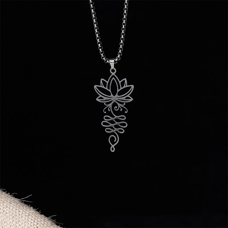 Lotus Vines Chakra Necklace – Silver lotus vine pendant with burlap accent, stainless steel pendant