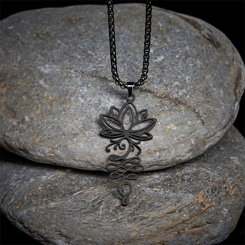 Lotus Vines Chakra Necklace – Black lotus-unalome pendant on zen stones, black chakra necklace
