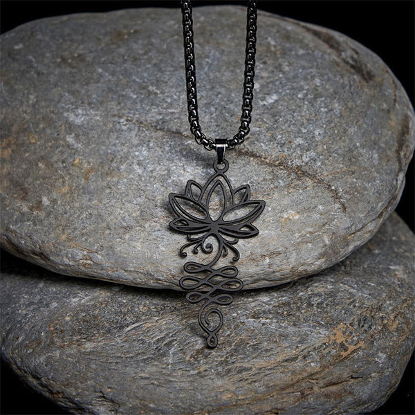 Lotus Vines Chakra Necklace – Black lotus-unalome pendant on zen stones, black chakra necklace
