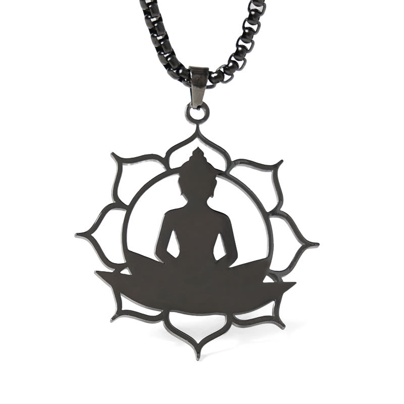 Vintage Lotus Sitting Buddha Stainless Steel Necklace – three chain length options displayed, choker medium long variants
