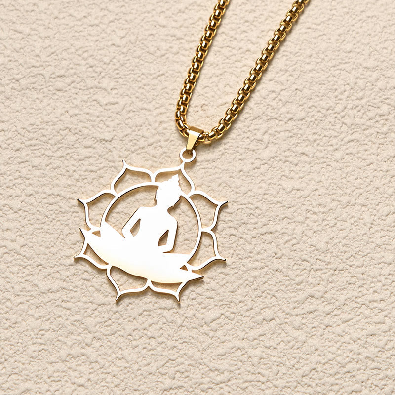 Vintage Lotus Sitting Buddha Stainless Steel Necklace – pendant front close-up showing detailed robe folds and serene face