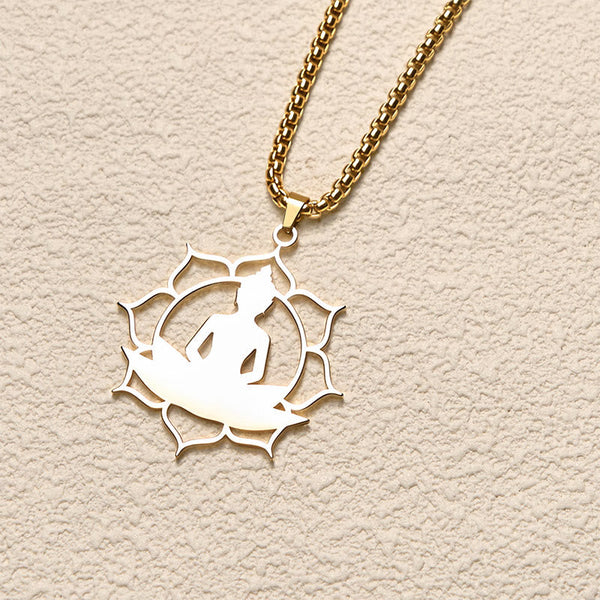 Vintage Lotus Sitting Buddha Stainless Steel Necklace – pendant front close-up showing detailed robe folds and serene face
