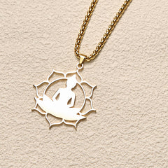 Vintage Lotus Sitting Buddha Stainless Steel Necklace – pendant front close-up showing detailed robe folds and serene face