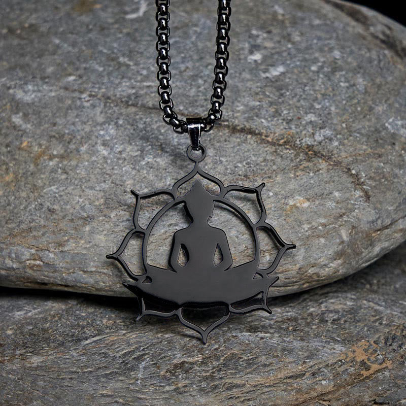 Vintage Lotus Sitting Buddha Stainless Steel Necklace – in silver foil gift box, elegant unboxing experience display