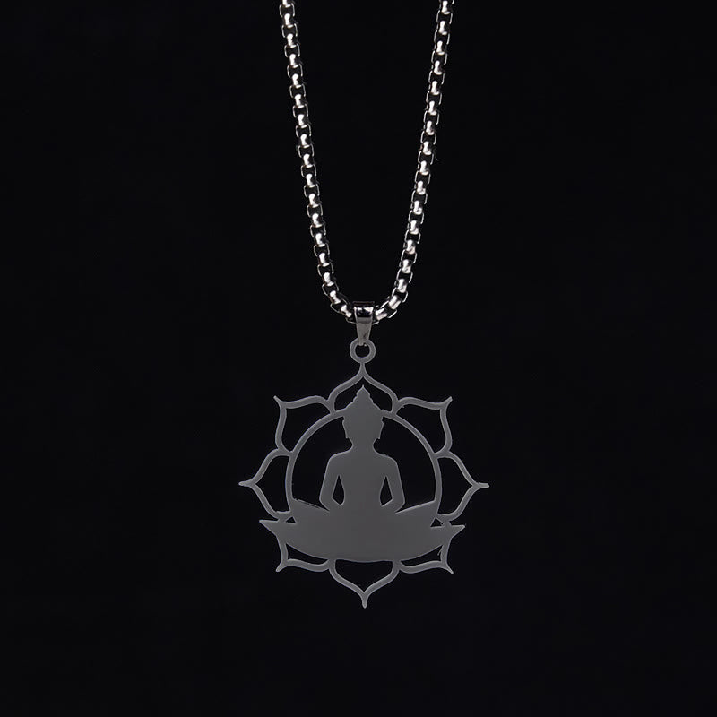 Vintage Lotus Sitting Buddha Stainless Steel Necklace – hand holding pendant showing weight and craftsmanship detail