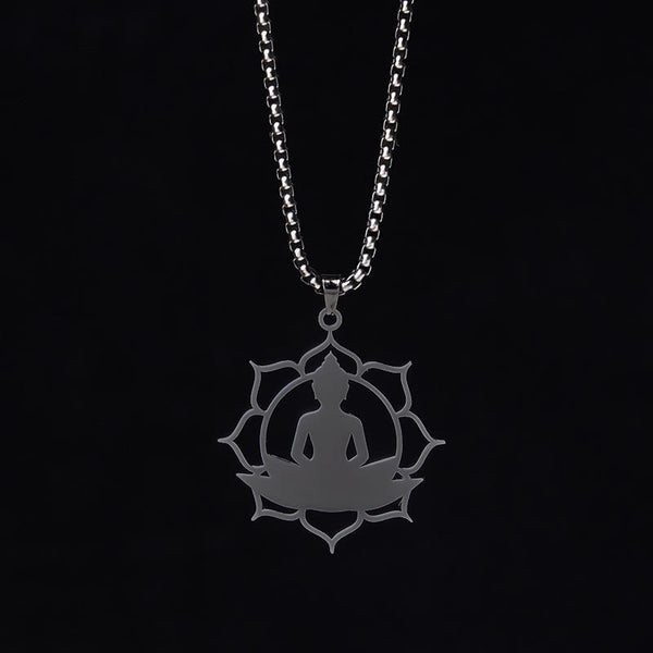 Vintage Lotus Sitting Buddha Stainless Steel Necklace – hand holding pendant showing weight and craftsmanship detail