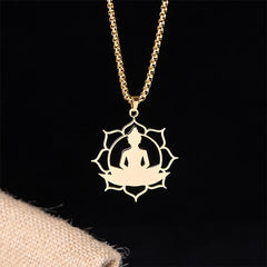 Vintage Lotus Sitting Buddha Stainless Steel Necklace – back of pendant showing flat polished stainless steel surface