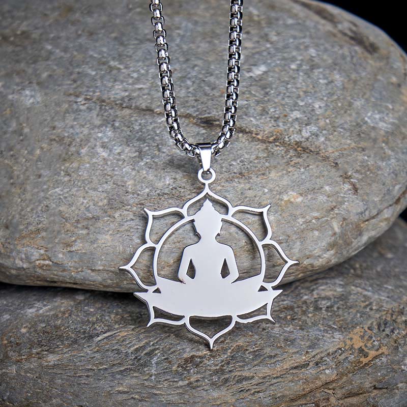 Vintage Lotus Sitting Buddha Stainless Steel Necklace – beside lotus flower bloom, symbolic floral harmony composition