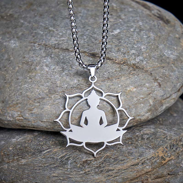 Vintage Lotus Sitting Buddha Stainless Steel Necklace – beside lotus flower bloom, symbolic floral harmony composition