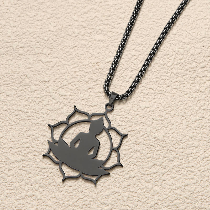 Vintage Lotus Sitting Buddha Stainless Steel Necklace – with matching lotus ring and earrings, complete jewelry set