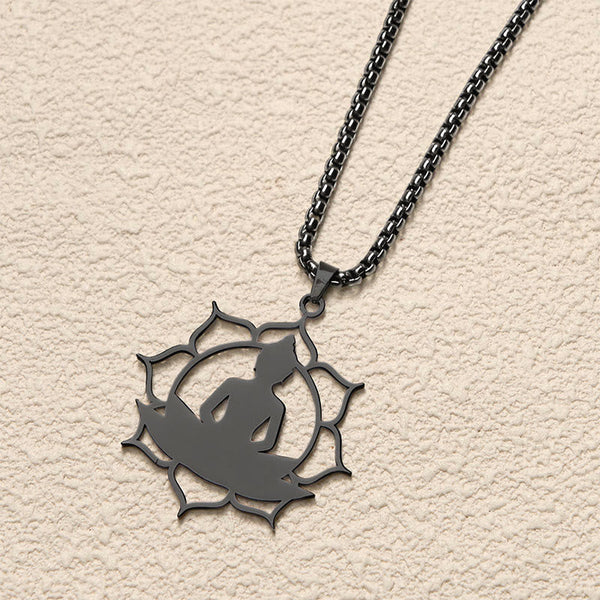 Vintage Lotus Sitting Buddha Stainless Steel Necklace – with matching lotus ring and earrings, complete jewelry set