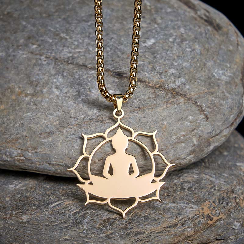 Vintage Lotus Sitting Buddha Stainless Steel Necklace – antique silver Buddha in lotus pose pendant on chain, enlightenment jewelry