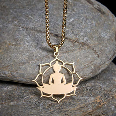 Vintage Lotus Sitting Buddha Stainless Steel Necklace – antique silver Buddha in lotus pose pendant on chain, enlightenment jewelry