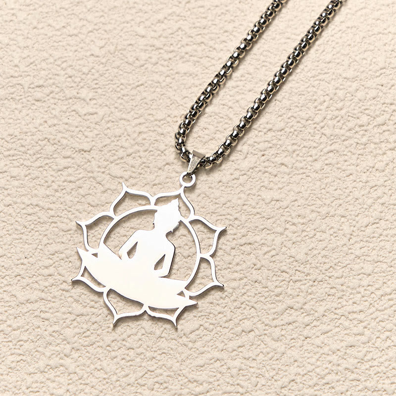 Vintage Lotus Sitting Buddha Stainless Steel Necklace – oxidized antique finish close-up, vintage patina depth effect