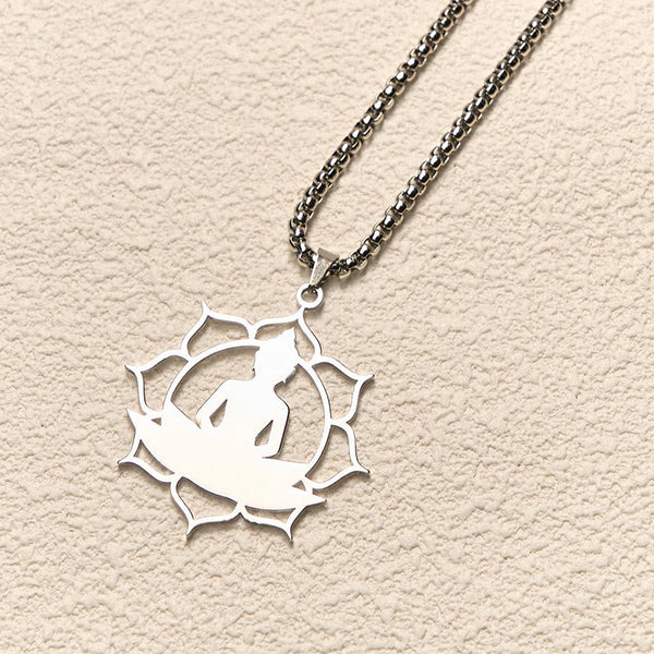 Vintage Lotus Sitting Buddha Stainless Steel Necklace – oxidized antique finish close-up, vintage patina depth effect