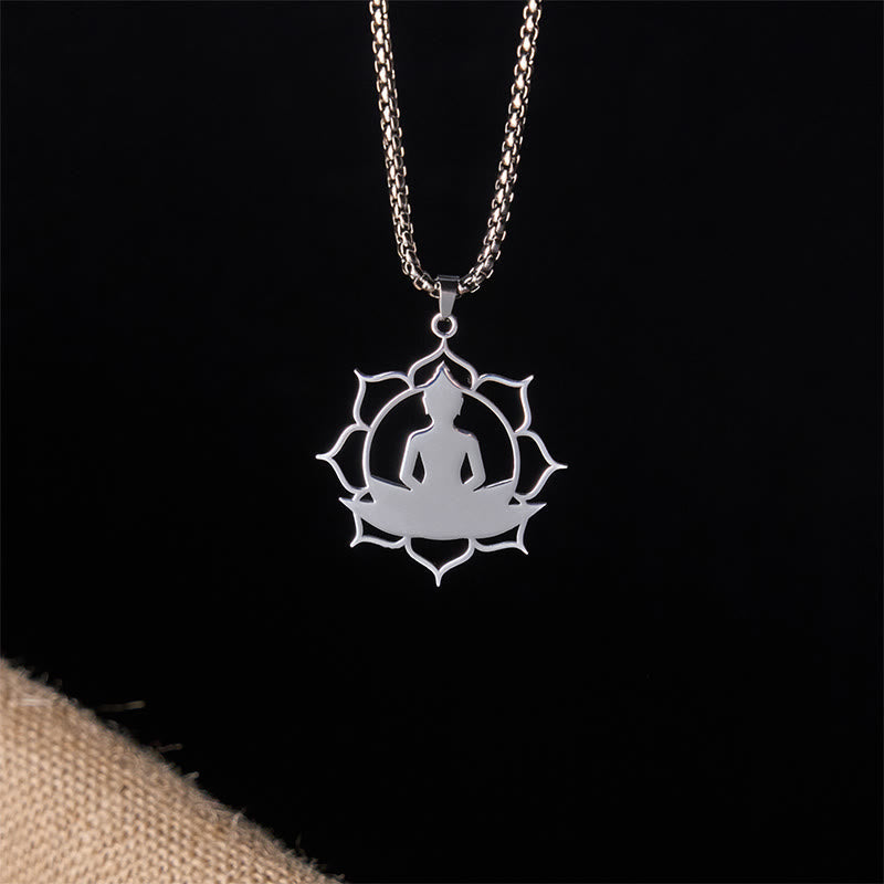 Vintage Lotus Sitting Buddha Stainless Steel Necklace – female model layered with other necklaces, bohemian stack style