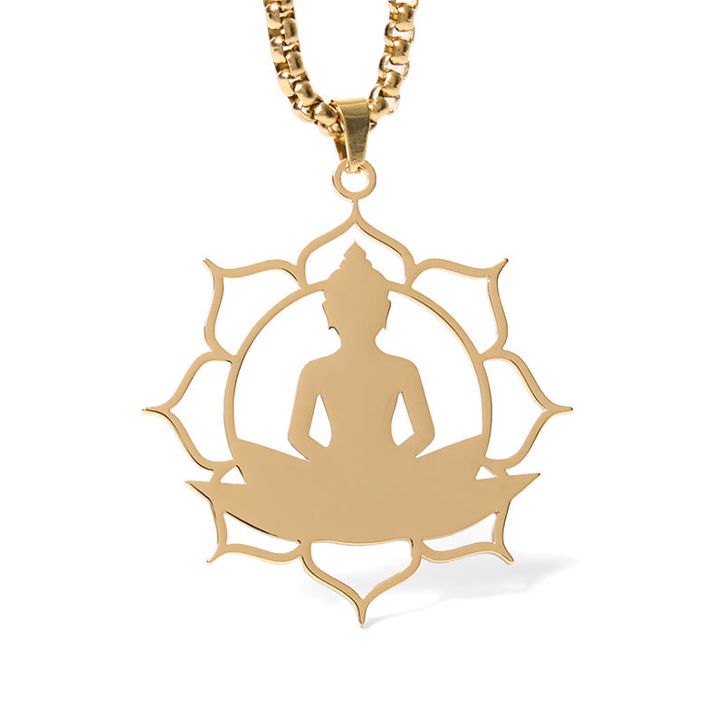 Vintage Lotus Sitting Buddha Stainless Steel Necklace – model wearing with silver chain, vintage boho neckline accent