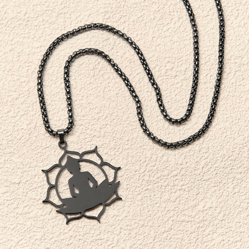 Vintage Lotus Sitting Buddha Stainless Steel Necklace – floating on mirror surface, reflective symmetrical artistic shot