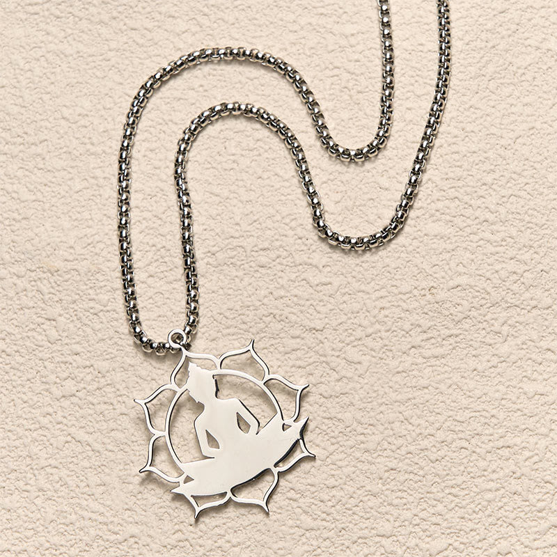 Vintage Lotus Sitting Buddha Stainless Steel Necklace – male model wearing under open collar shirt, subtle spiritual accessory