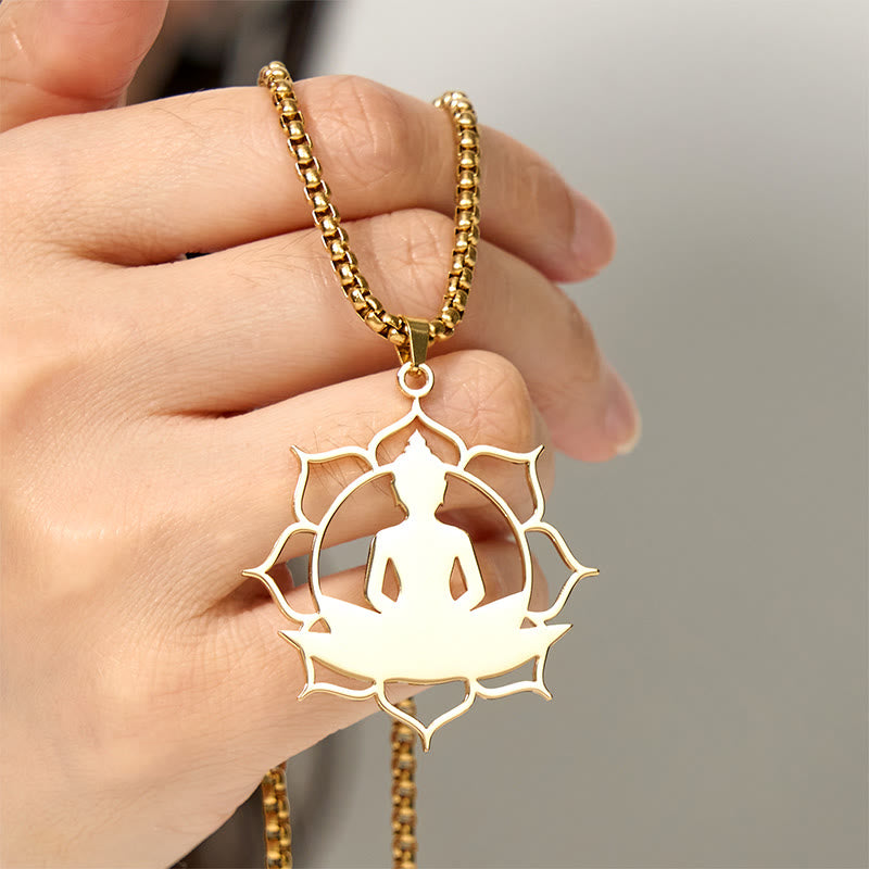 Vintage Lotus Sitting Buddha Stainless Steel Necklace – on black leather cord alternative, masculine spiritual style