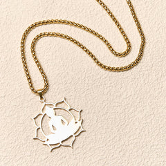 Vintage Lotus Sitting Buddha Stainless Steel Necklace – lotus seat base detail, layered petals and textured metalwork