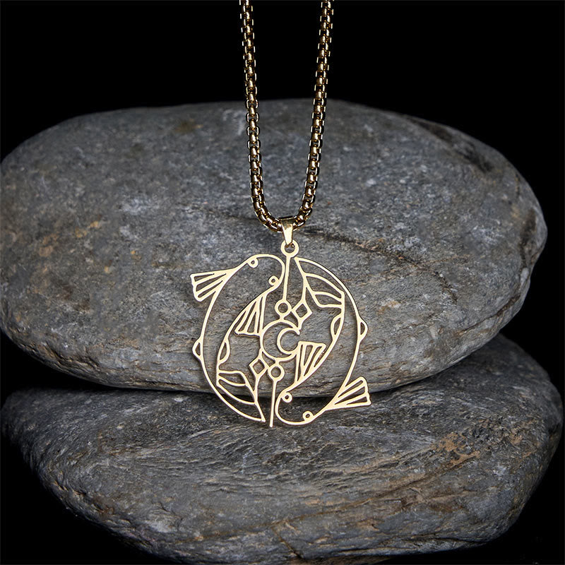 Vintage Koi Fish Hollow Luck Necklace – gold koi pendant on river stones, dark chain contrast, black bg