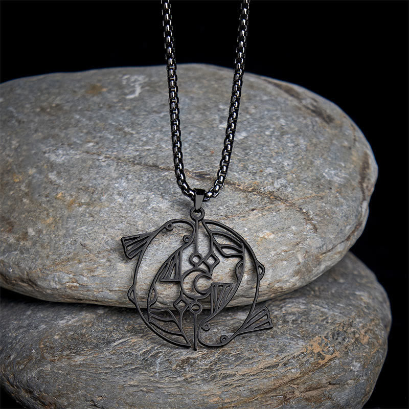 Vintage Koi Fish Hollow Luck Necklace – black koi pendant on river stones, black background display