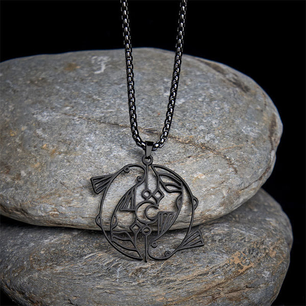 Vintage Koi Fish Hollow Luck Necklace – black koi pendant on river stones, black background display