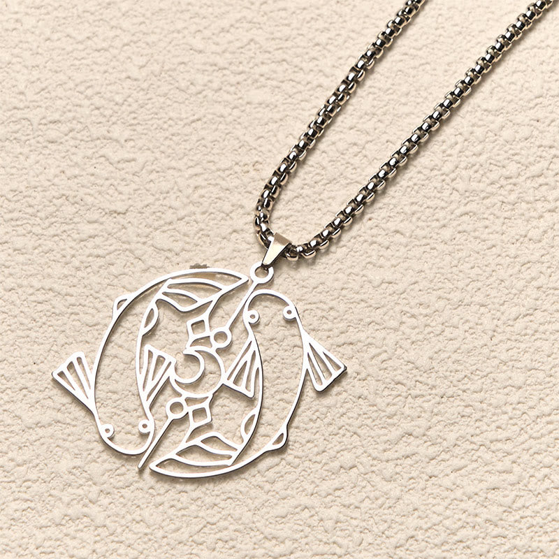 Vintage Koi Fish Hollow Luck Necklace – silver koi pendant, three-quarter view on cream textured background