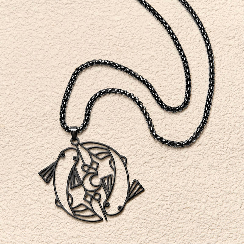 Vintage Koi Fish Hollow Luck Necklace – black koi pendant, flat-lay S-curve on cream background
