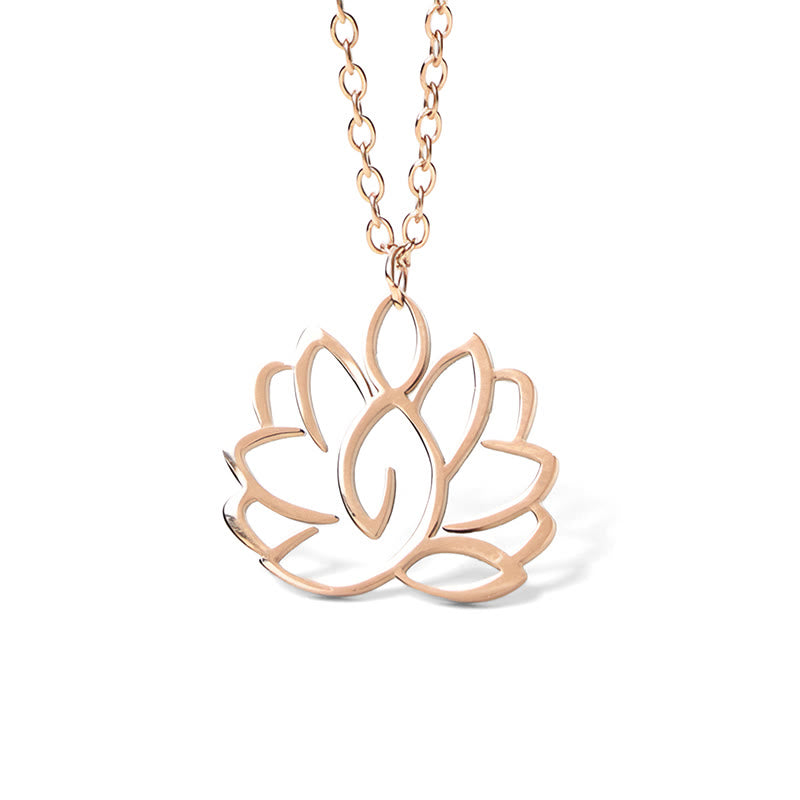 Hollow Lotus Necklace – Rose gold openwork lotus pendant on white, purity and enlightenment necklace