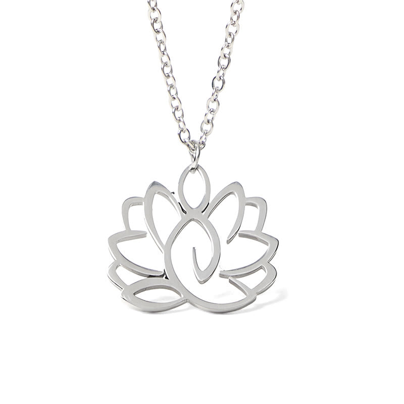 Hollow Lotus Necklace – Silver openwork lotus flower pendant on white, enlightenment purity necklace
