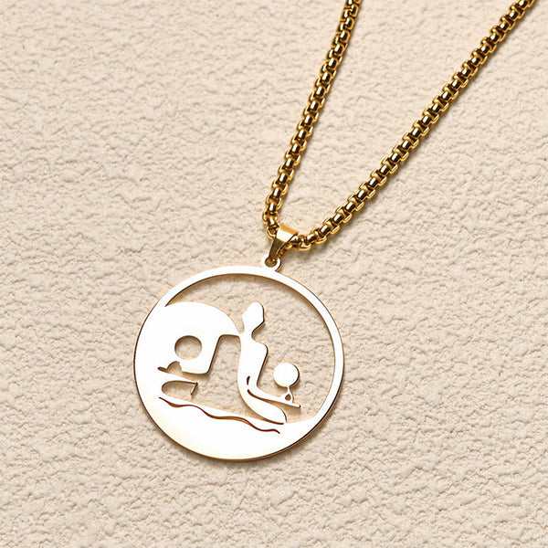 Yin Yang Buddha Stainless Steel Necklace – angled cream background gold Buddha yin yang pendant chain, angled