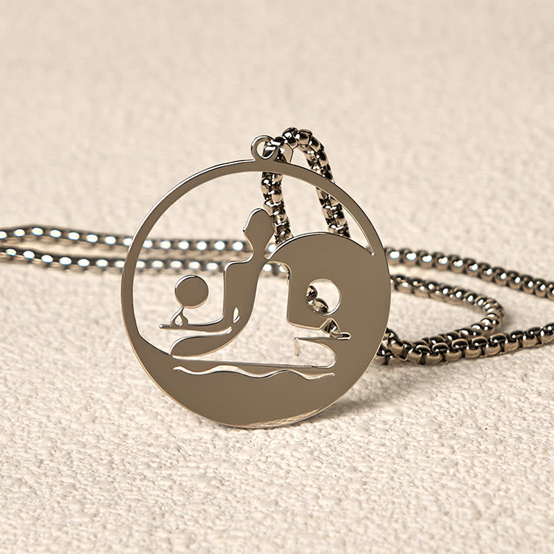 Yin Yang Buddha Stainless Steel Necklace – closeup silver pendant edge chain cutout Buddha yin yang detail, texture
