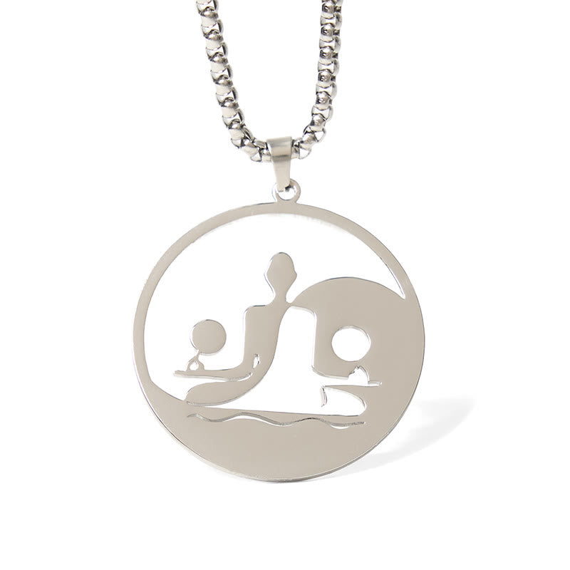 Yin Yang Buddha Stainless Steel Necklace – front silver round pendant Buddha yin yang cutout silver chain white, front-view