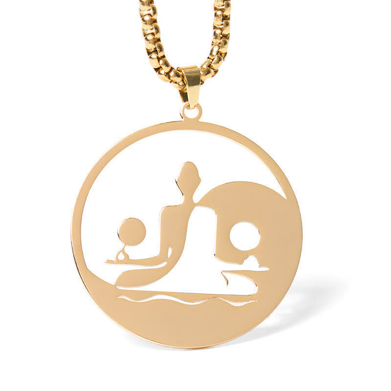 Yin Yang Buddha Stainless Steel Necklace – front gold round pendant Buddha yin yang cutout gold chain white, front-view