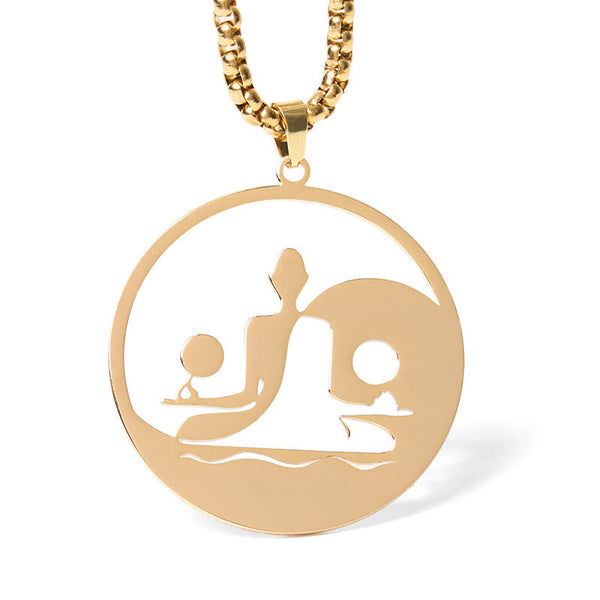Yin Yang Buddha Stainless Steel Necklace – front gold round pendant Buddha yin yang cutout gold chain white, front-view