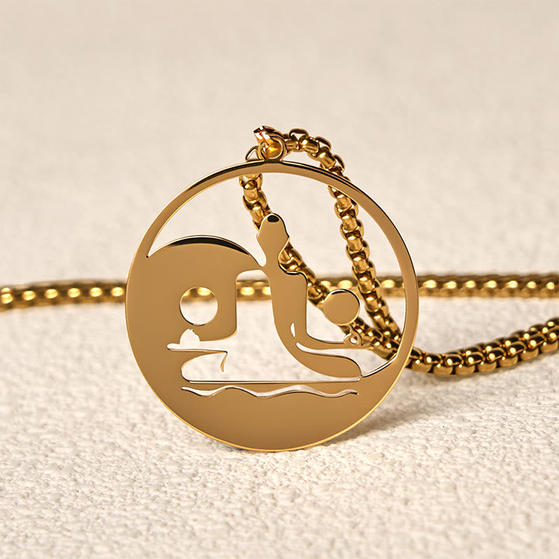 Yin Yang Buddha Stainless Steel Necklace – closeup gold pendant edge chain cutout Buddha yin yang detail, texture