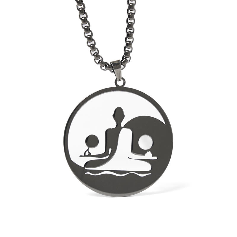 Yin Yang Buddha Stainless Steel Necklace – front black round pendant Buddha yin yang cutout box chain white, front-view