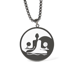 Yin Yang Buddha Stainless Steel Necklace – front black round pendant Buddha yin yang cutout box chain white, front-view